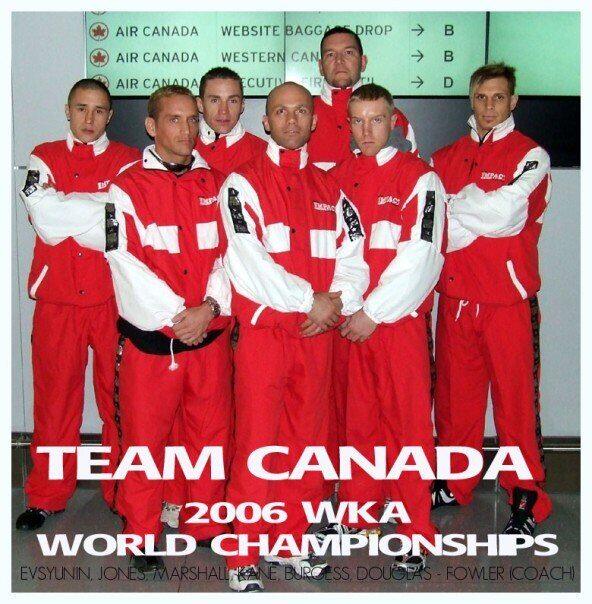 Team Canada at the 2006 WKA World Championships in red-and-white uniforms; Coach Jones is second from left, listed as JONES in the team caption.