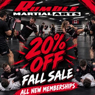 Rumble Fall Sale poster: 20% off all new memberships, with adults training Muay Thai and jiu-jitsu on the mats.