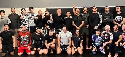 The full group on the mats after a leg-lock seminar at Rumble Martial Arts in Keswick.