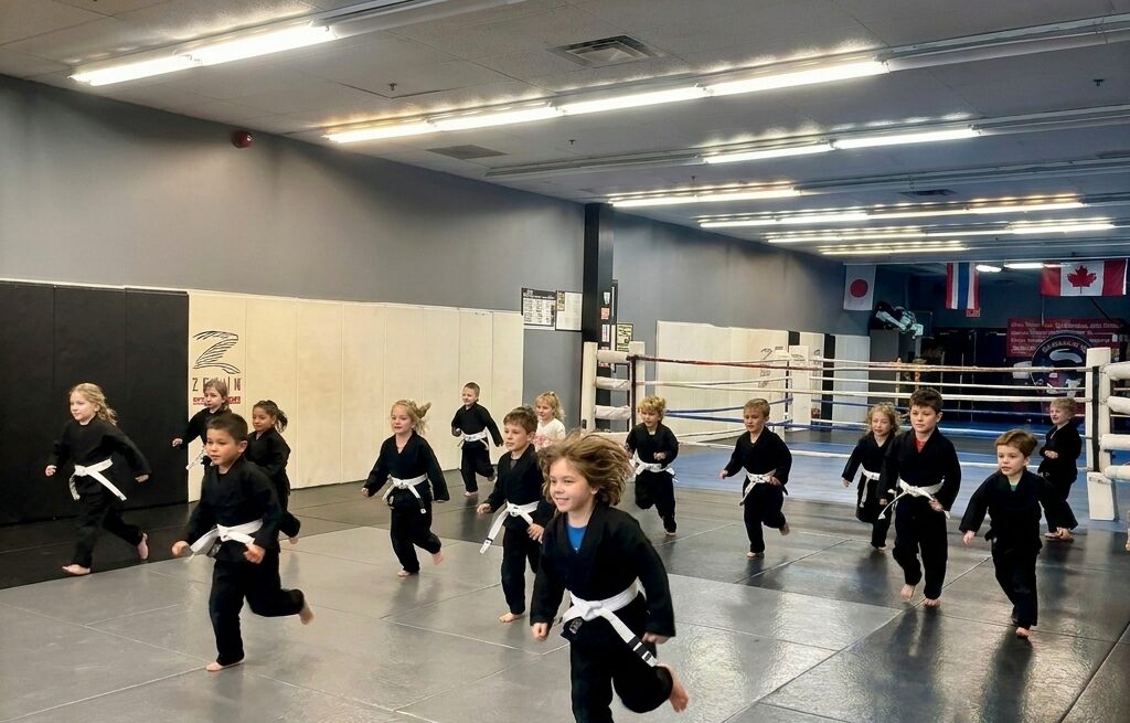 Kids in black jiu-jitsu gis running a warm-up across the mats at Rumble Martial Arts in Keswick.